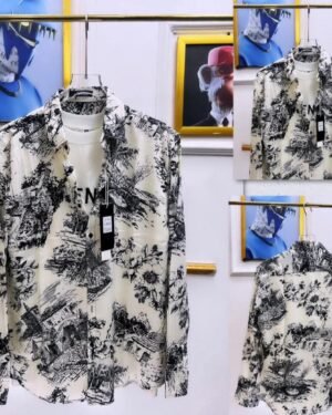 Original Dior Long Vintage Shirt in White Cotton Voile with Black Toile de Jouy Print