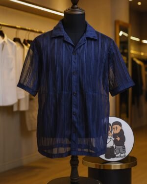 Blue Silk Net Fabric Button-Down Shirt 2XL | Luxury Men’s Wear